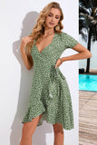 Green A Line Printed V Neck Summer Dress With Short Sleeves