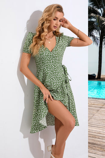 Green A Line Printed V Neck Summer Dress With Short Sleeves