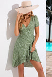 Green A Line Printed V Neck Summer Dress With Short Sleeves