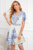 Printed White V Neck Summer Dress With Short Sleeves