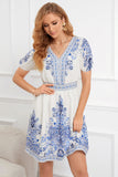 Printed White V Neck Summer Dress With Short Sleeves