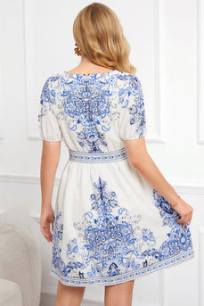 Printed White V Neck Summer Dress With Short Sleeves