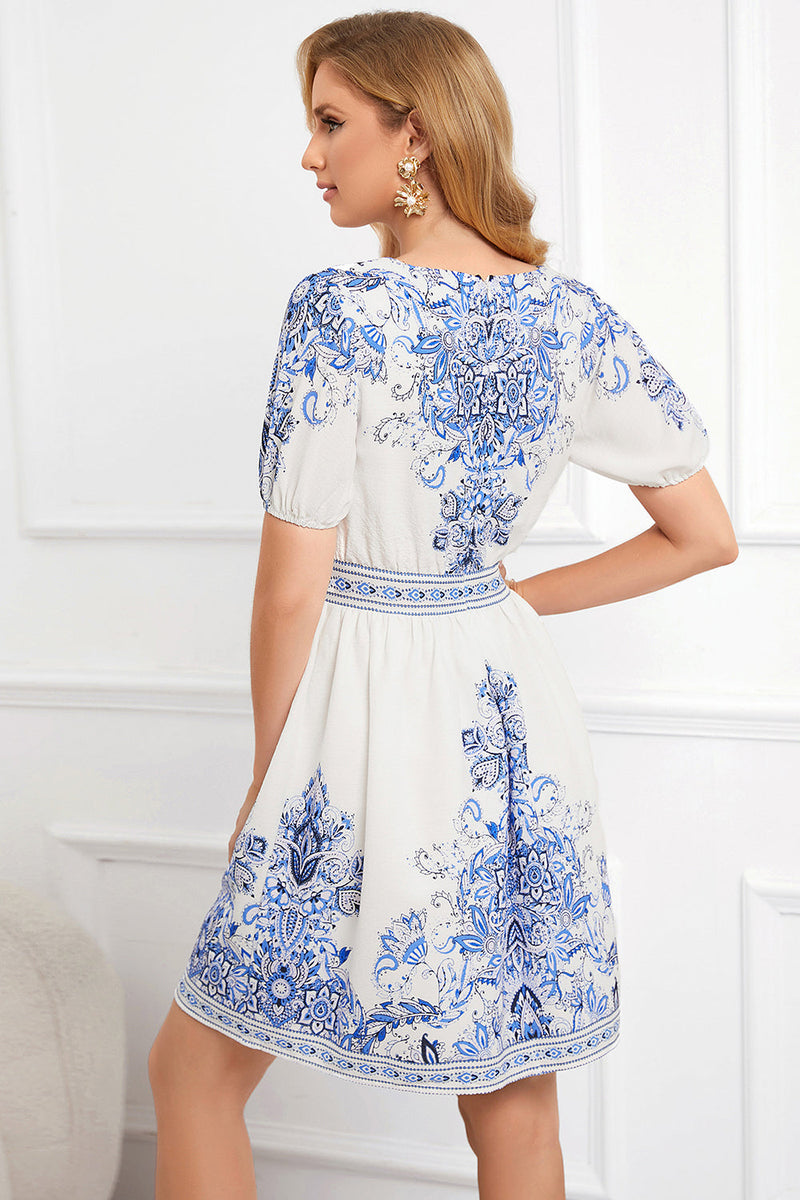 Load image into Gallery viewer, Printed White V Neck Summer Dress With Short Sleeves
