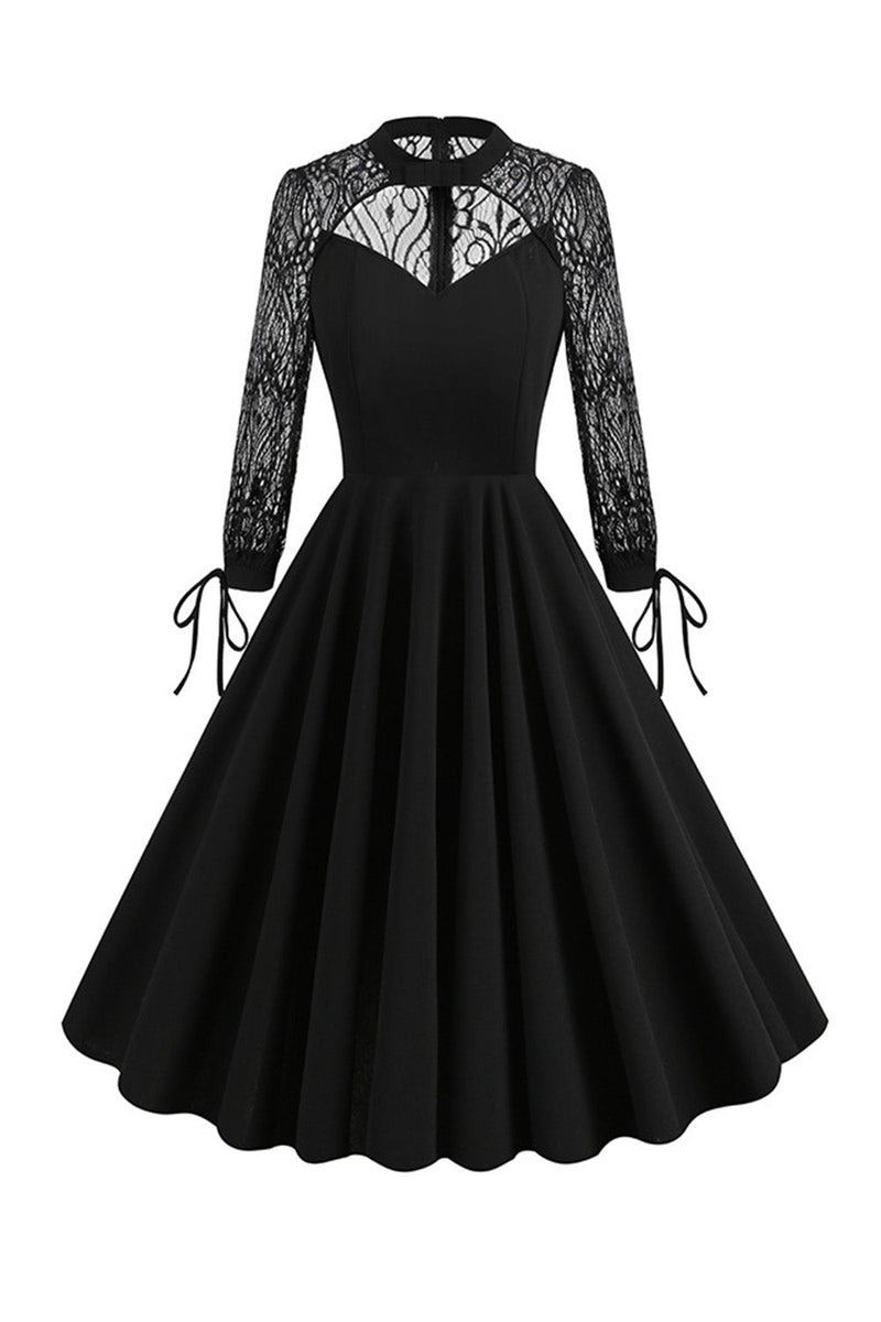 Load image into Gallery viewer, Black Long Sleeves Lace Vintage Dress