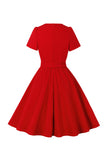 Red V Neck Bowknot Short Sleeves Retro Swing Dress