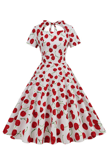 White Cherries Print Halter Vintage Dress With Short Sleeves