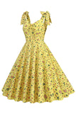 Yellow Printed Sleeveless Straps Vintage Dress