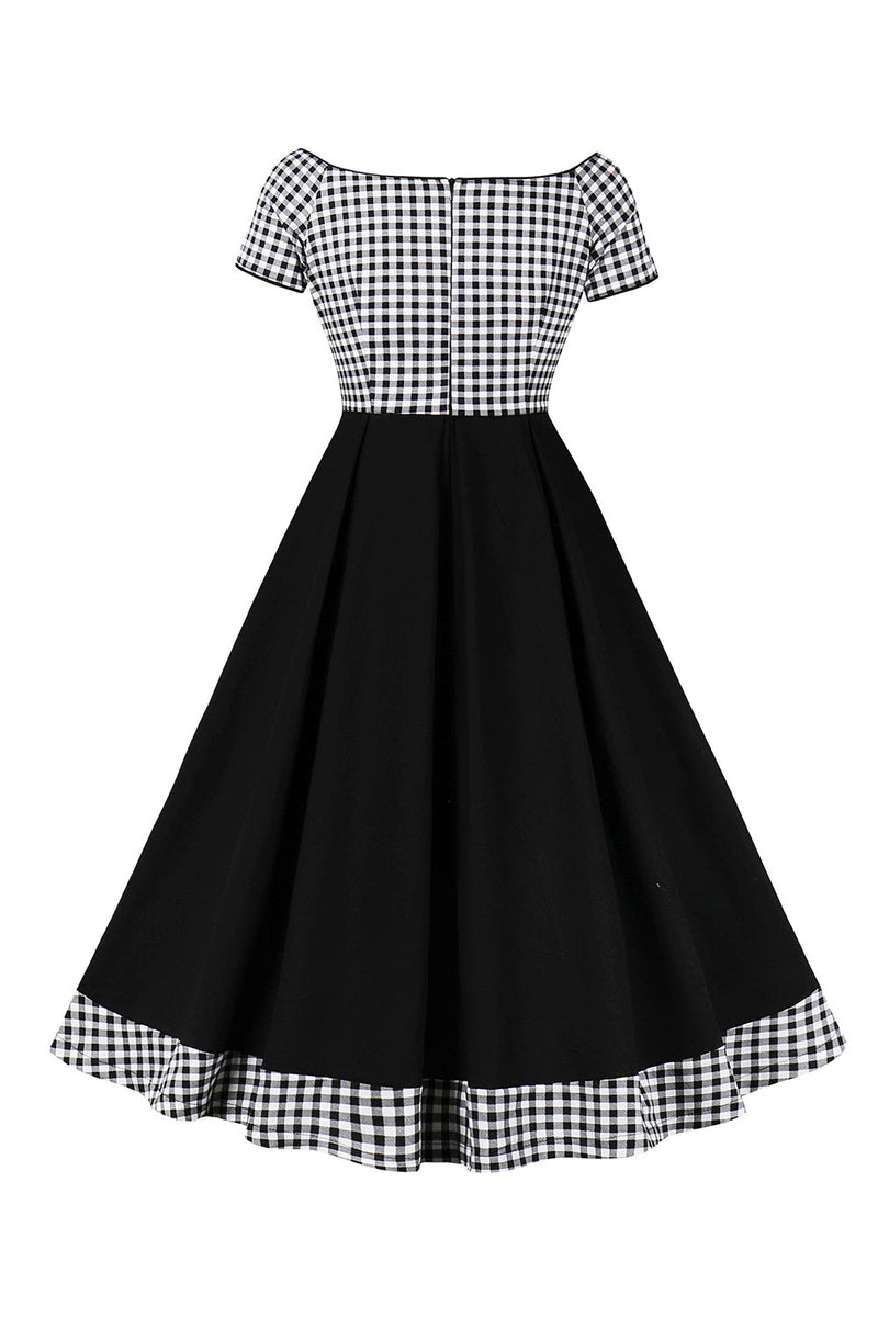 Load image into Gallery viewer, Black Plaid Off the Shoulder Vintage Dress With Short Sleeves