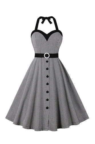 Black Halter Plaid Sleeveless Button 1950s Dress