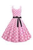 Pink Polka Dots Spaghetti Straps 1950s Dress With Bow