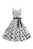 Pink Polka Dots Spaghetti Straps 1950s Dress With Bow