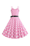 Pink Polka Dots Spaghetti Straps 1950s Dress With Bow