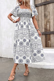 White Square Neck Printed Summer Dress With Short Sleeves