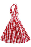 Pink Halter Plaid Sleeveless 1950s Dress With Belt