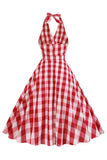 Pink Halter Plaid Sleeveless 1950s Dress With Belt