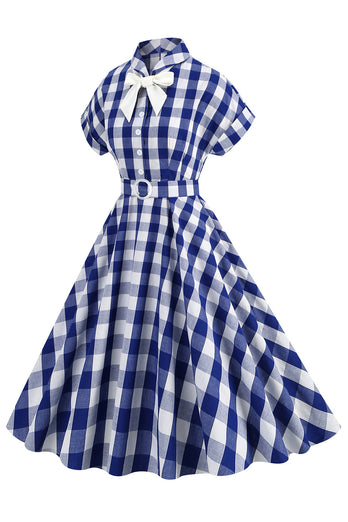 Pink Plaid Bowknot 1950s Dress With Short Sleeves