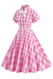 Pink Plaid Bowknot 1950s Dress With Short Sleeves