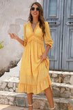 Yellow Long Sleeves Floral Boho Maxi Dress