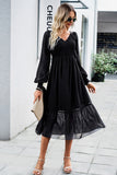 Black A-Line V-Neck Long Sleeves Casual Dress