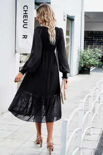 Black A-Line V-Neck Long Sleeves Casual Dress