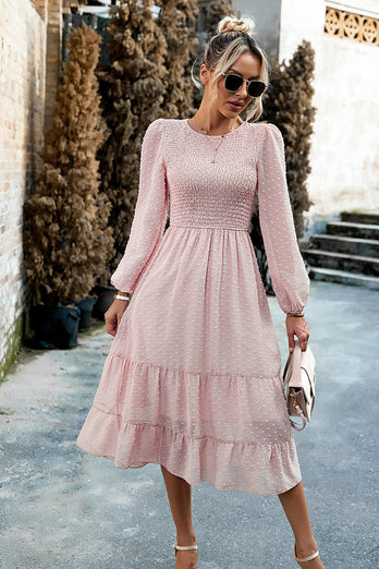 Pink A-Line Long Sleeves Midi Casual Dress