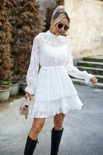 White Long Sleeves A-Line Short Casual Dress With Appliques