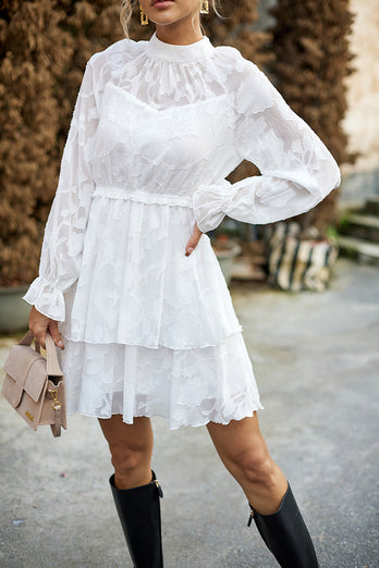 White Long Sleeves A-Line Short Casual Dress With Appliques
