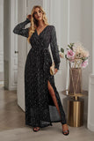 Black Polka Dots Long Sleeves V-Neck Casual Dress With Slit