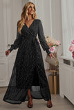 Black Polka Dots Long Sleeves V-Neck Casual Dress With Slit