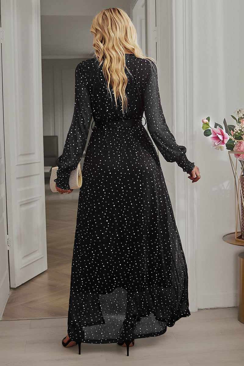 Load image into Gallery viewer, Black Polka Dots Long Sleeves V-Neck Casual Dress With Slit