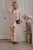 Black Polka Dots Long Sleeves V-Neck Casual Dress With Slit