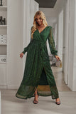 Black Polka Dots Long Sleeves V-Neck Casual Dress With Slit