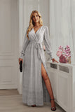 Black Polka Dots Long Sleeves V-Neck Casual Dress With Slit