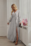 Black Polka Dots Long Sleeves V-Neck Casual Dress With Slit