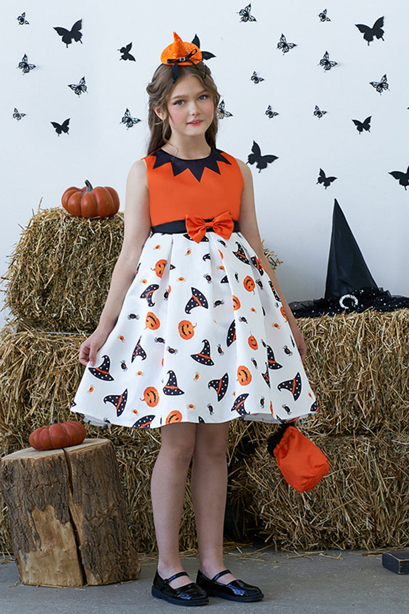 Load image into Gallery viewer, Orange Printed Round Neck Halloween Girl Dress With Bow