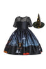 Load image into Gallery viewer, Black Short Sleeves Lace Printed Halloween Girl Dress With Bow
