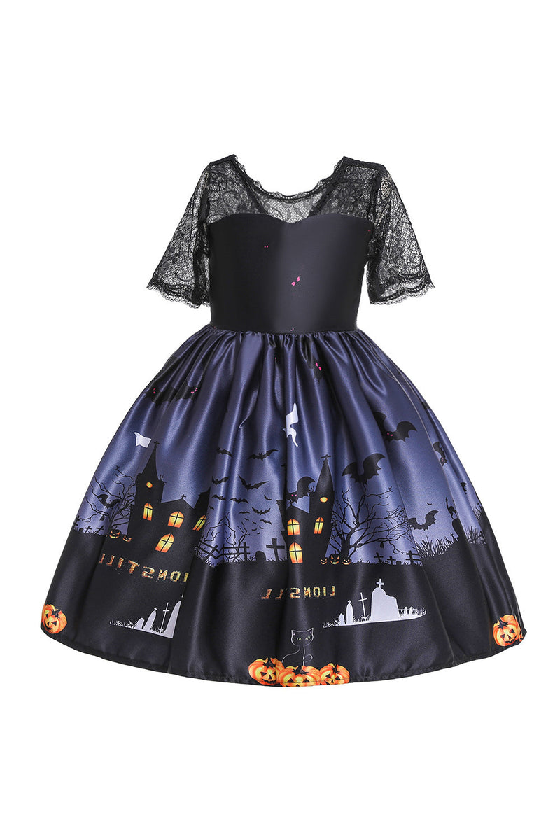 Load image into Gallery viewer, Black Short Sleeves Lace Printed Halloween Girl Dress With Bow