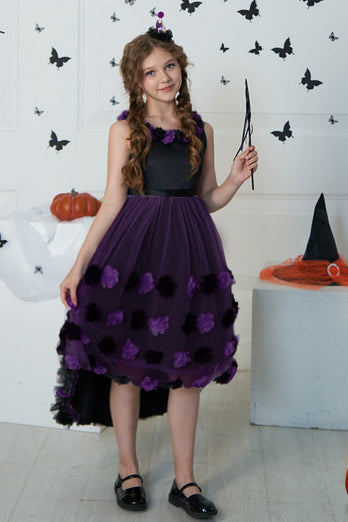 Dark Purple High Low Tulle Halloween Girl Dress With 3D Flower