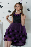 Dark Purple High Low Tulle Halloween Girl Dress With 3D Flower