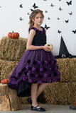 Dark Purple High Low Tulle Halloween Girl Dress With 3D Flower