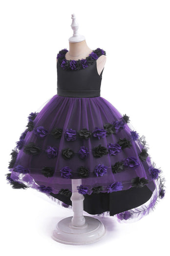 Dark Purple High Low Tulle Halloween Girl Dress With 3D Flower