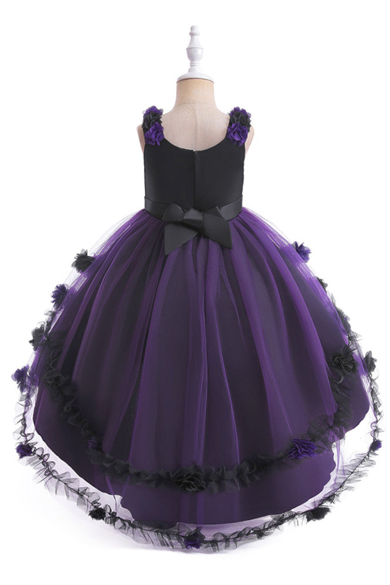 Load image into Gallery viewer, Dark Purple High Low Tulle Halloween Girl Dress With 3D Flower