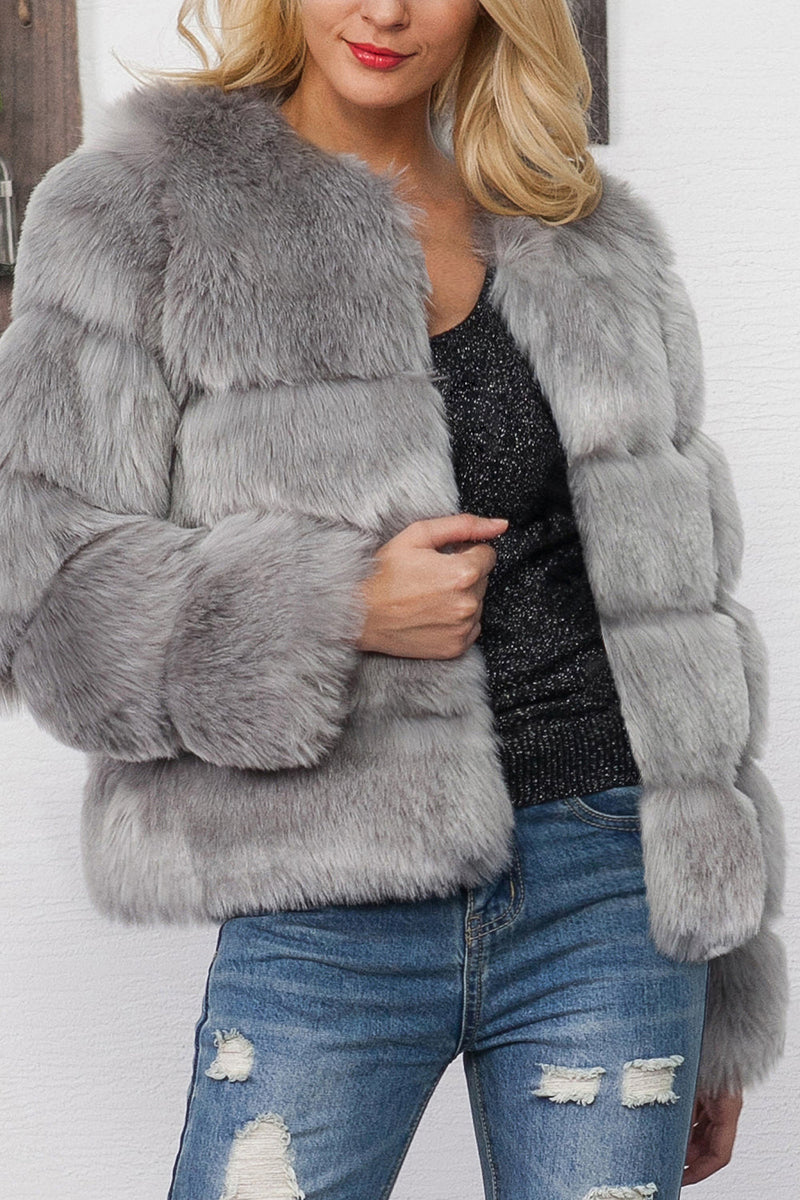 Load image into Gallery viewer, Grey Shawl Lapel Cropped Women Faux Fur Coat