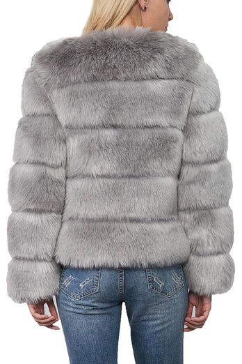 Grey Shawl Lapel Cropped Women Faux Fur Coat