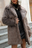 Khaki Midi Lapel Neck Women Faux Fur Coat