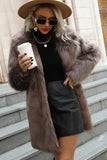 Khaki Midi Lapel Neck Women Faux Fur Coat