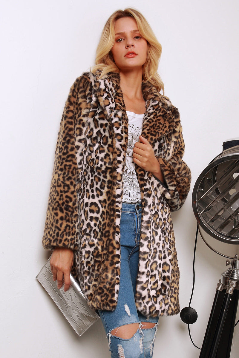 Load image into Gallery viewer, Brown Leopard Printed Notched Lapel Long Faux Fur Women Coat