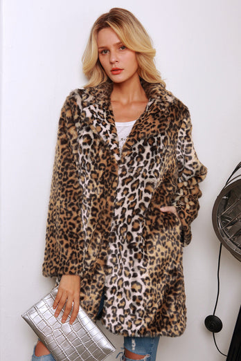 Brown Leopard Printed Notched Lapel Long Faux Fur Women Coat