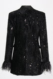 Sparkly Black Peak Lapel Sequins Women Blazer with Feathers