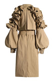 Khaki Notched Lapel Ruffled Long Trench Coat